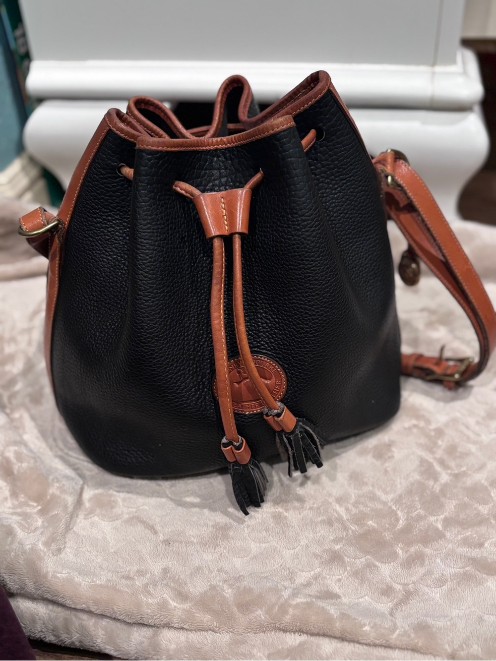 Black and Brown Drawstring Bucket Bag - Women